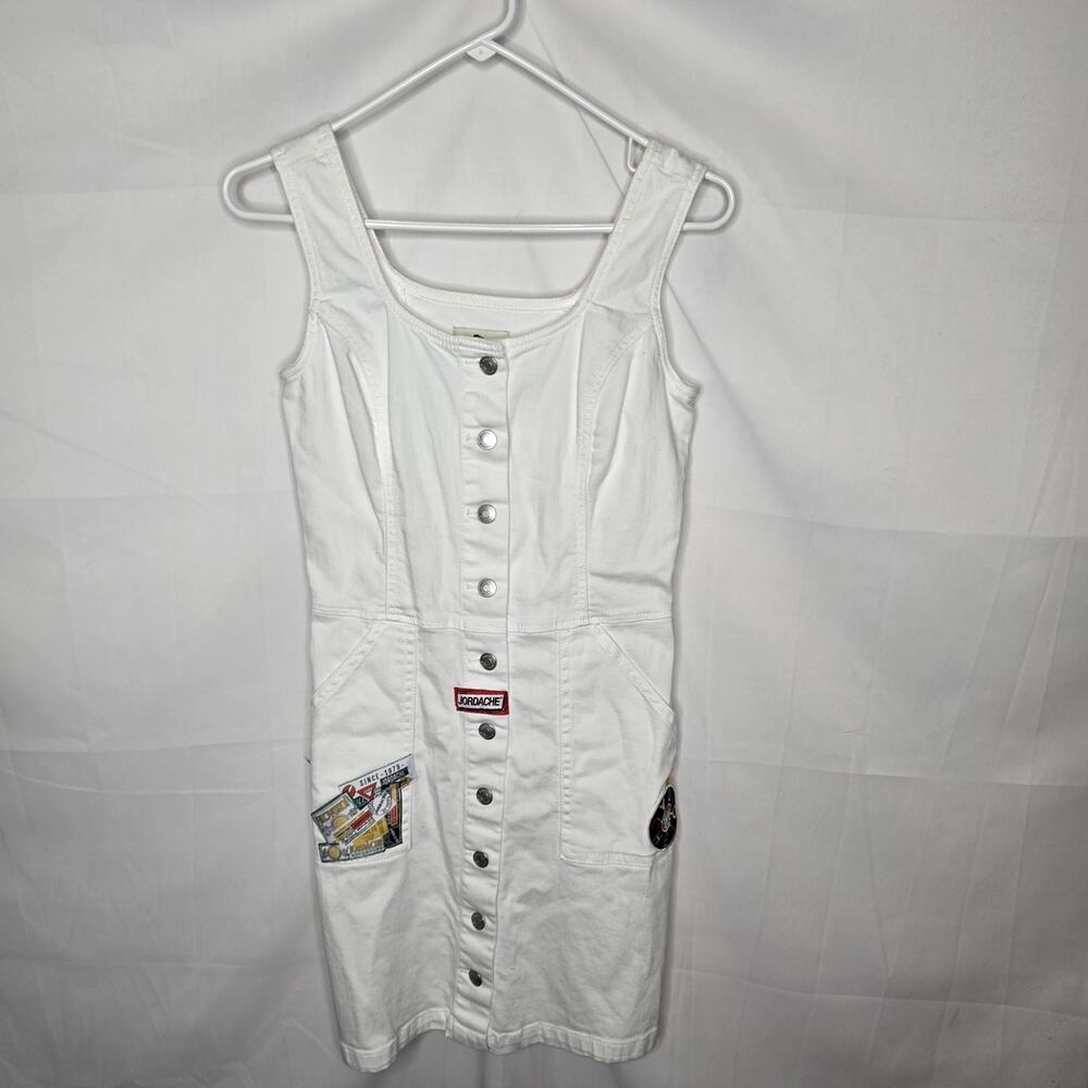 Jordache Vintage White Denim Mini Jumper Dress Logo Patches Size Small
